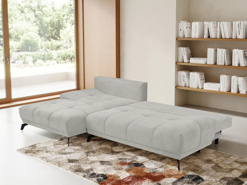 Ecksofa mit Schlaffunktion Felipe L-förmig linksseitig mit Stauraum hellgrauer hydrophober Chenillestoff