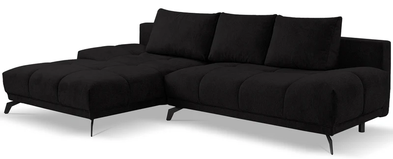 Ecksofa mit Schlafunktion Felipe, L-förmig, linksseitig, mit Stauraum, schwarzer hydrophober Chenille-Stoff