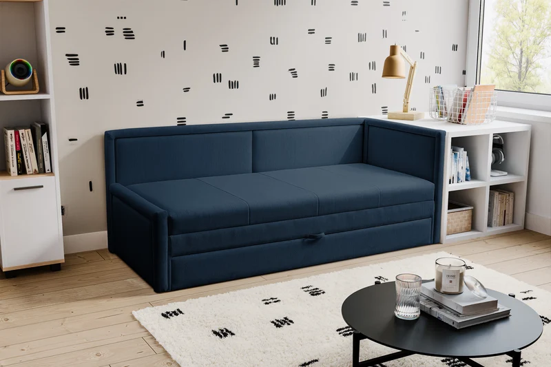 Jugendbett Caprili mit Stauraum, marineblau, Flechtmuster, universell einsetzbar