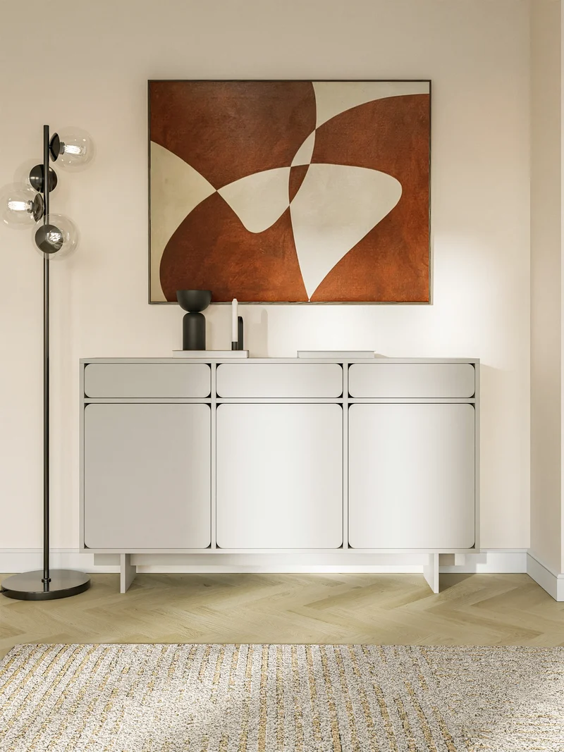 Drehtür-Kommode Wuwu mit drei Schubladen, 150 cm, grau-beige