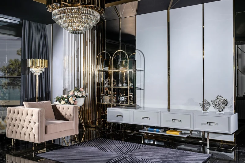 Casa Padrino Luxus TV Schrank Weiß / Gold / Silber 260 x 45 x H. 60 cm - Wohnzimmer Sideboard mit 4 Schubladen - Wohnzimmer Möbel - Luxus Möbel - Hotel Möbel