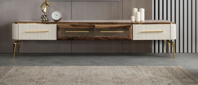 Casa Padrino Luxus Art Deco TV Schrank Braun / Weiß / Gold 235 x 48 x H. 48 cm - Wohnzimmer Sideboard mit 4 Schubladen - Art Deco Möbel - Wohnzimmer Möbel - Luxus Möbel