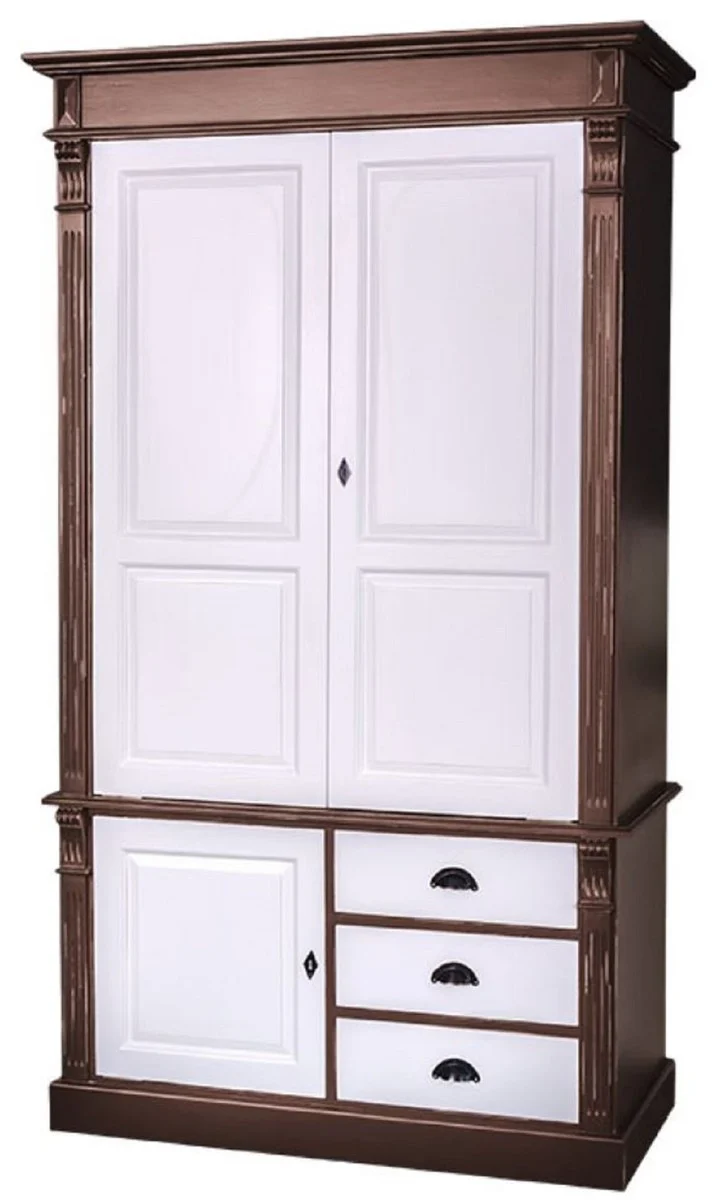 Casa Padrino Landhausstil Kleiderschrank Antik Braun / Weiß 120 x 59 x H. 210 cm - Massivholz Schlafzimmerschrank mit 3 Türen und 3 Schubladen - Landhausstil Schlafzimmermöbel