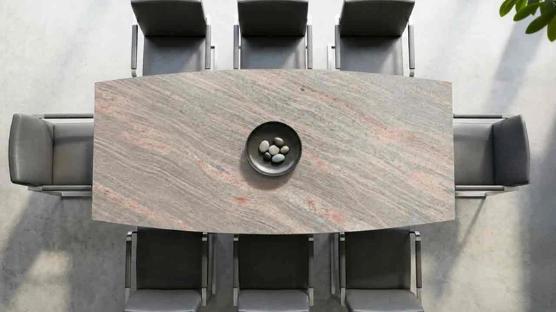 Terra Esstisch mit Juparana Colombo – Steinplatte Granit in Bootsform