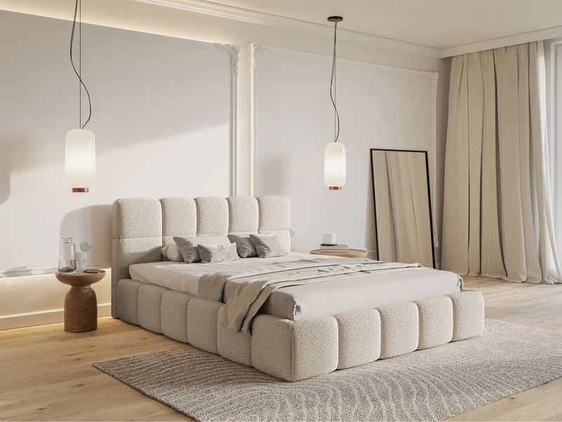 Gepolstertes Bett 200x200 cm Cloudy mit Stauraum, hellbeiges Bouclé