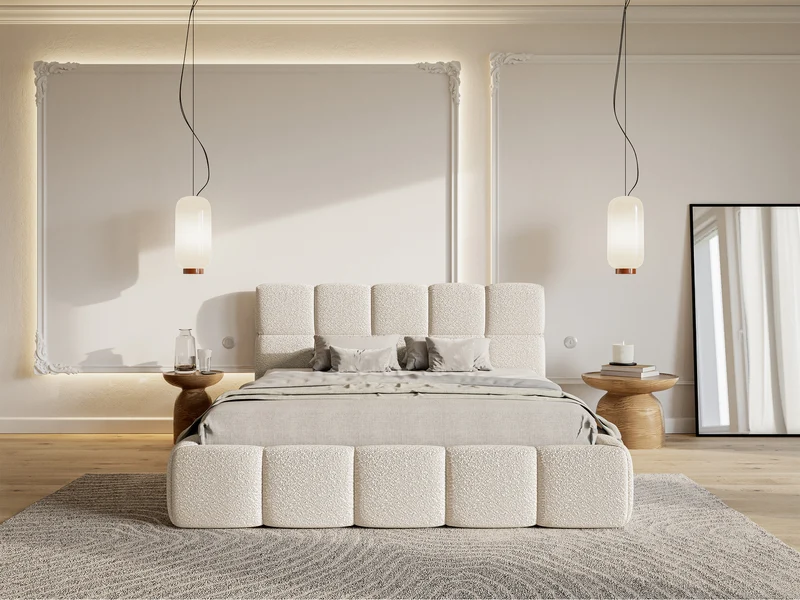 Gepolstertes Bett 200x200 cm Cloudy mit Stauraum, hellbeiges Bouclé