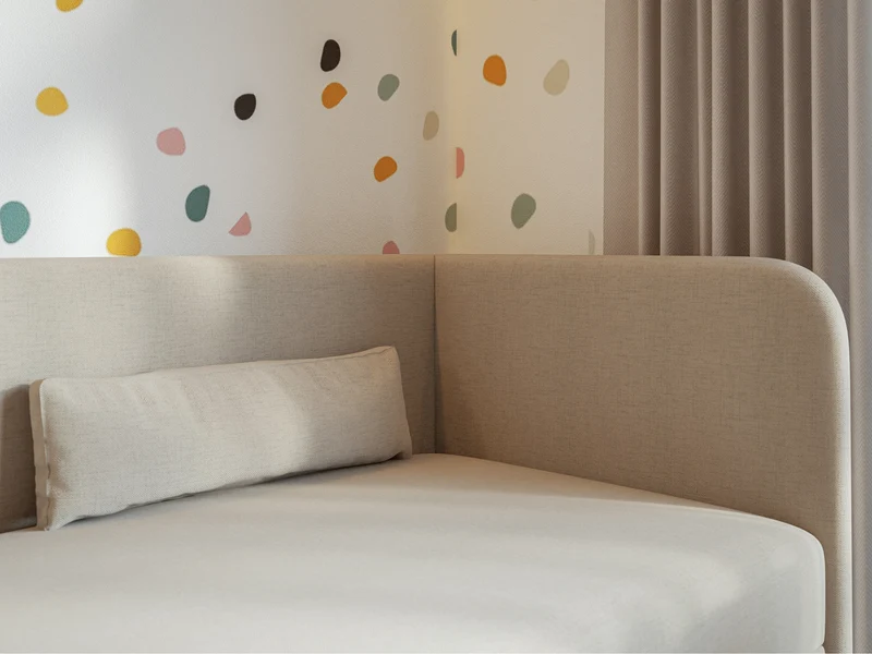 Jugendbett 90x200 cm Calmmo rechtsseitig mit Stauraum, hellbeiger hydrophober Chenille-Stoff