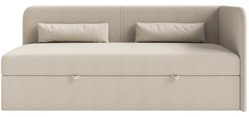 Jugendbett 90x200 cm Calmmo rechtsseitig mit Stauraum, hellbeiger hydrophober Chenille-Stoff
