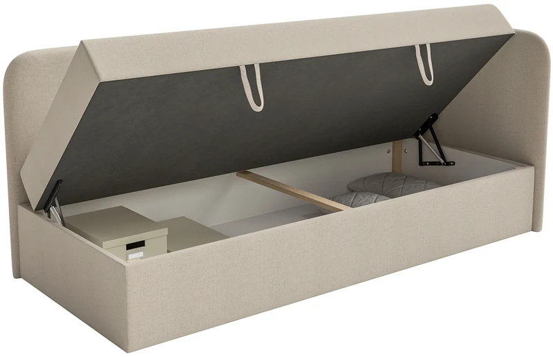 Jugendbett 90x200 cm Calmmo rechtsseitig mit Stauraum, hellbeiger hydrophober Chenille-Stoff