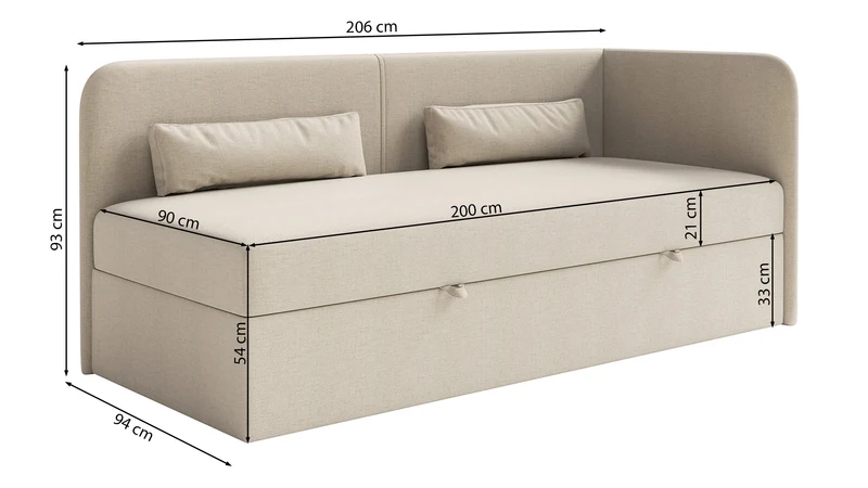 Jugendbett 90x200 cm Calmmo rechtsseitig mit Stauraum, dunkelgrauer hydrophober Chenille-Stoff