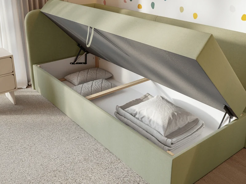 Jugendbett 90x200 cm Calmmo linksseitig mit Stauraum, olivgrüner hydrophober Chenille-Stoff