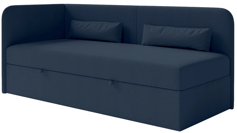 Jugendbett 90x200 cm Calmmo linksseitig mit Stauraum, marineblauer hydrofober Chenille-Stoff
