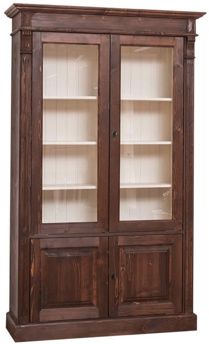 Casa Padrino Landhausstil Bücherschrank Dunkelbraun / Creme 119 x 39 x H. 197 cm - Wohnzimmerschrank mit 4 Türen - Massivholz Schrank - Vitrinenschrank - Landhausstil Wohnzimmermöbel
