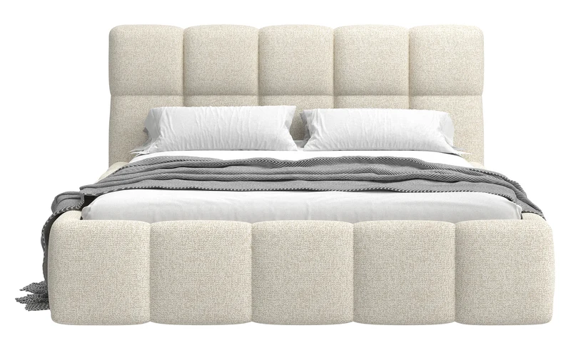 Polsterbett 140x200 cm Cloudy mit Stauraum, hellbeige Geflecht, Metallrahmen