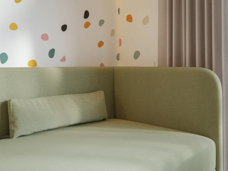 Jugendbett 90x200 cm Calmmo, rechtsseitig mit Stauraum, olivgrüner wasserabweisender Chenille-Stoff