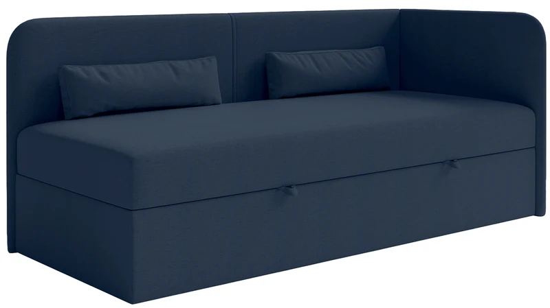 Jugendbett 90x200 cm Calmmo, rechtsseitig mit Stauraum, marineblauer hydrophober Chenille-Stoff