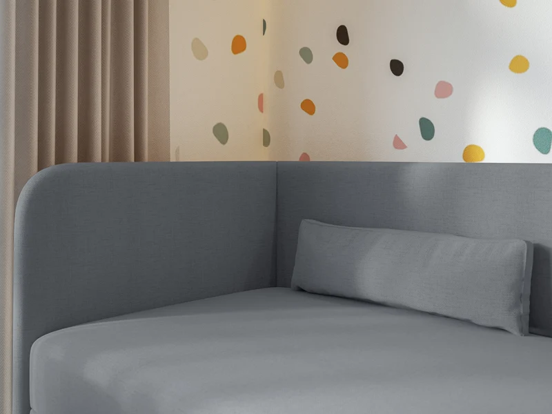 Jugendbett 90x200 cm Calmmo linksseitig mit Stauraum, dunkelgrauer hydrophober Chenillestoff