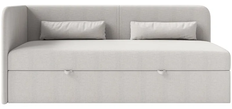 Jugendbett 90x200 cm Calmmo linksseitig mit Stauraum hellgrauer hydrophober Chenille-Stoff