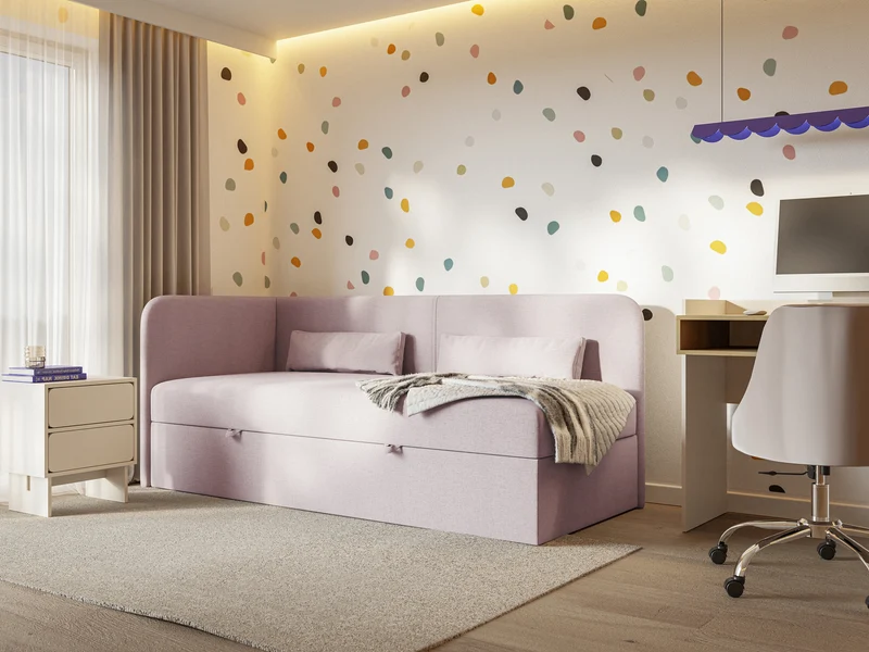 Jugendbett 90x200 cm Calmmo linksseitig mit Stauraum, rosa hydrophobes Chenille