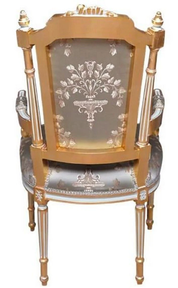 Casa Padrino Barock Esszimmerstuhl Silber / Weiß / Gold - Handgefertigter Antik Stil Stuhl mit Armlehnen - Esszimmer Möbel im Barockstil