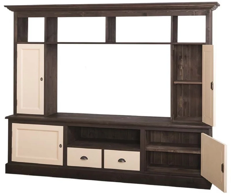 Casa Padrino Landhausstil Fernsehschrank Dunkelbraun / Beige 207 x 46 x H. 166 cm - Massivholz TV Schrank - Wohnzimmerschrank - Landhausstil Wohnzimmermöbel