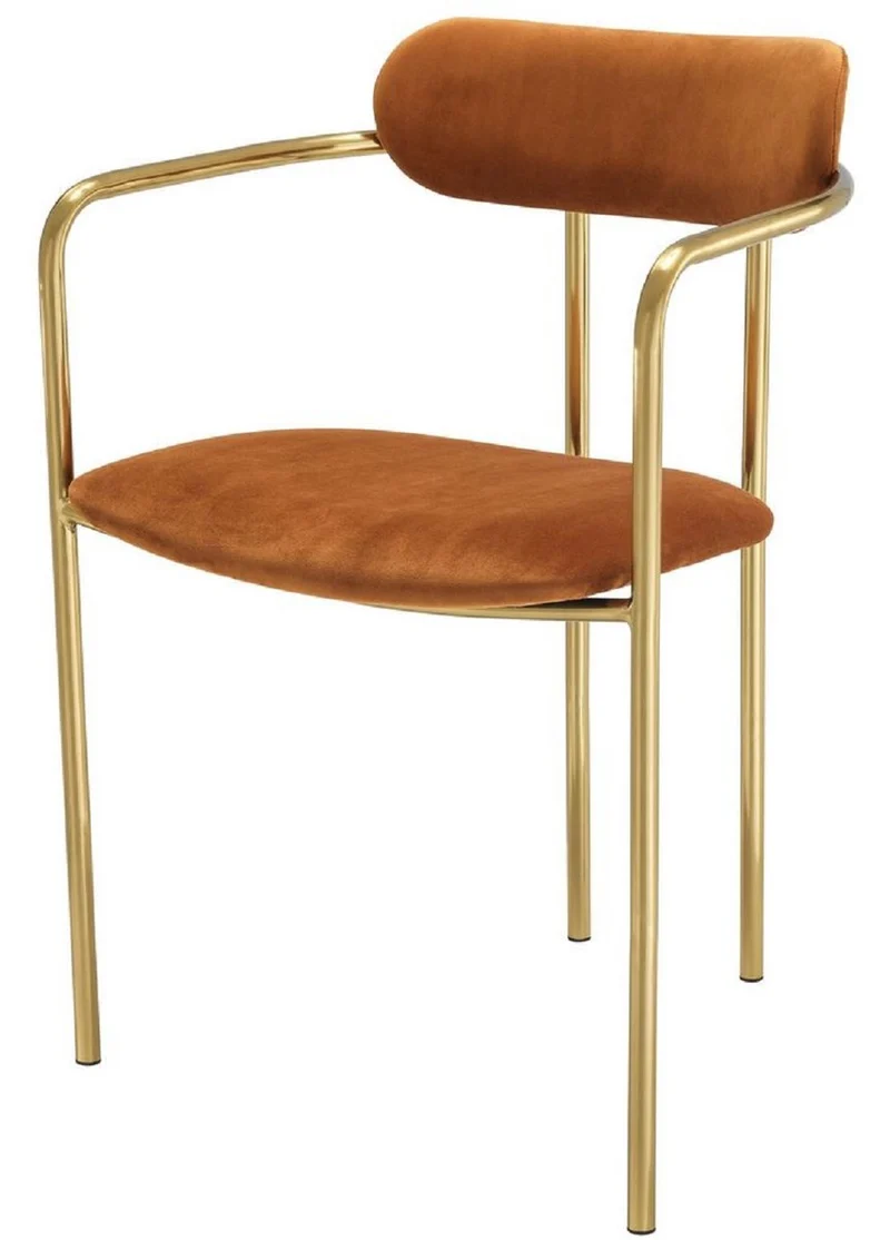 Casa Padrino Luxus Esszimmerstühle mit Armlehnen Orange / Gold 53 x 50 x H. 74 cm - Küchenstühle mit edlem Samtstoff - Esszimmer Set - Esszimmer Möbel