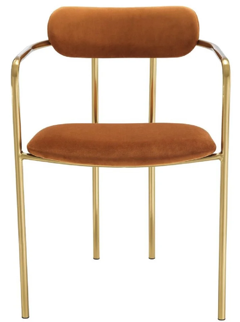 Casa Padrino Luxus Esszimmerstühle mit Armlehnen Orange / Gold 53 x 50 x H. 74 cm - Küchenstühle mit edlem Samtstoff - Esszimmer Set - Esszimmer Möbel