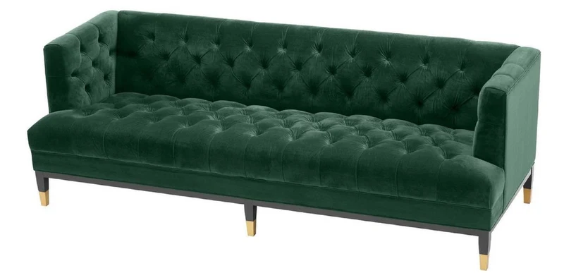 Casa Padrino Luxus Wohnzimmer Sofa Grün / Schwarz / Messingfarben 230 x 85 x H. 79 cm - Chesterfield Samtsofa