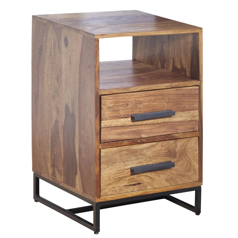 Nachttisch Sheesham Massivholz Metall 2 Schubladen Industrial 40x35x66cm