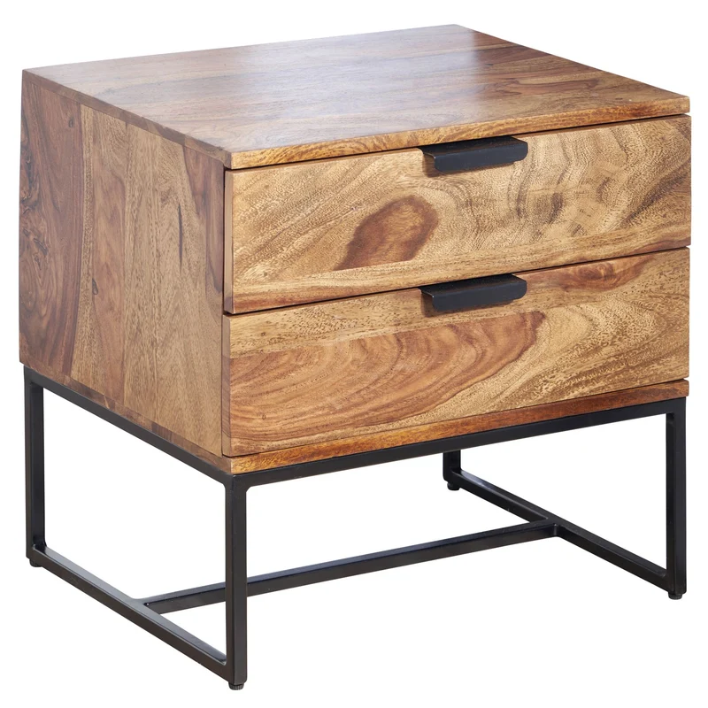 Nachttisch Sheesham Massivholz Metall 2 Schubladen Industrial Design