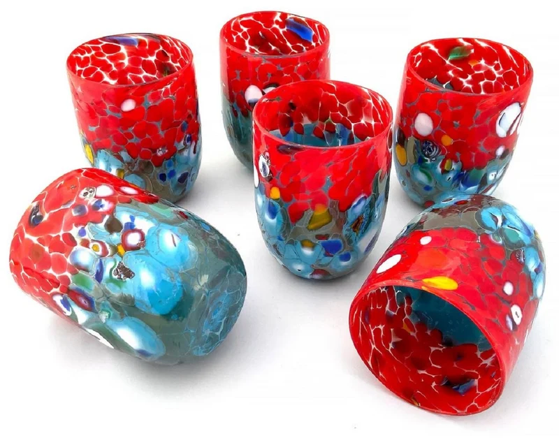 Casa Padrino Luxus Murano Kristallglas Wasserglas 6er Set Rot / Türkis Ø 8 x H. 10,5 cm - Made in Italy