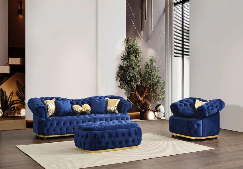 Casa Padrino Luxus Chesterfield Samt Hocker Blau / Gold 110 cm