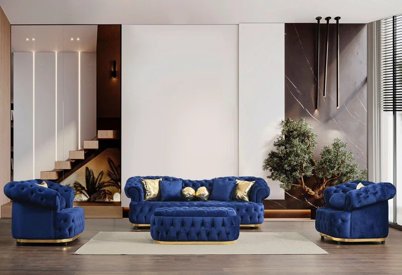 Casa Padrino Luxus Chesterfield Samt Hocker Blau / Gold 110 cm