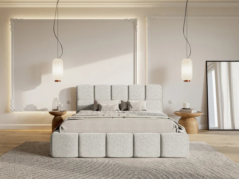 Gepolstertes Bett 200x200 cm Cloudy mit Stauraum, hellgrauer hydrophober Chenillestoff