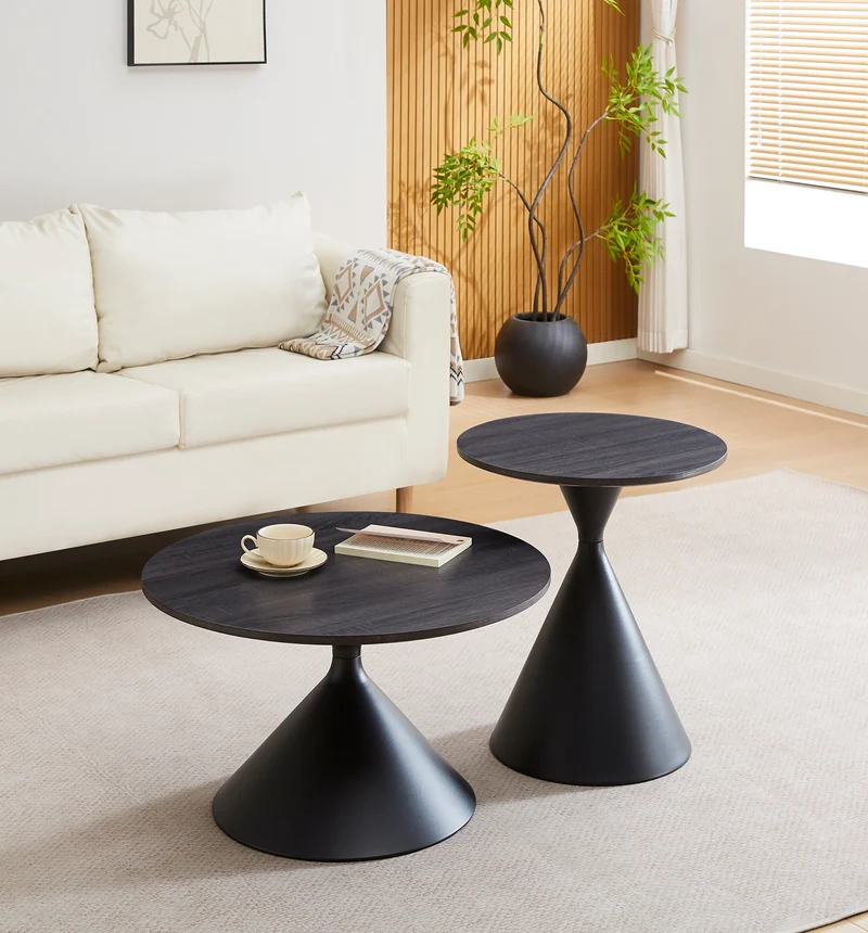 Adrize runde Kaffeetisch-Sets 50 und 70 cm, schwarzes Furnier mit Metallgestell