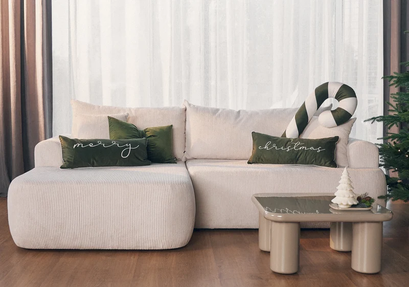 Ecksofa mit Schlaffunktion Ovo Cord, L-förmig, linksseitig, mit Stauraum, weißer Cordstoff