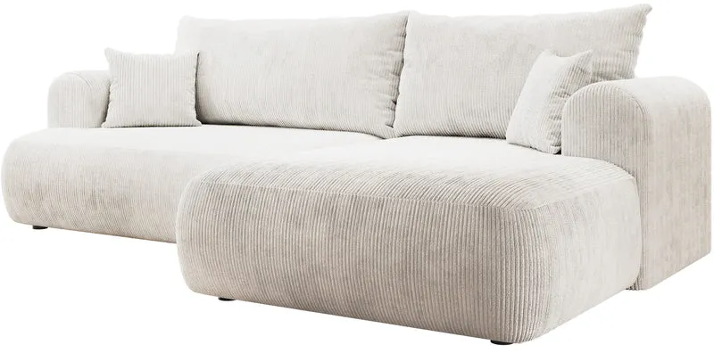 Ecksofa mit Schlaffunktion Ovo Cord, L-förmig, rechtsseitig, mit Stauraum, weißer Cordstoff