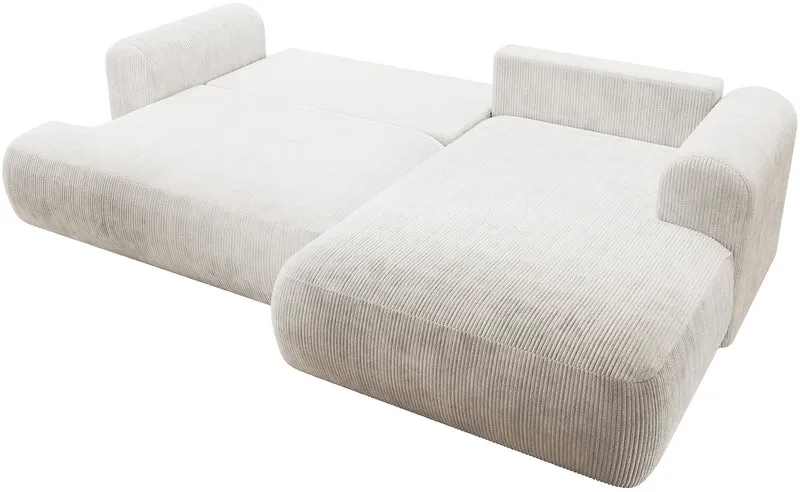 Ecksofa mit Schlaffunktion Ovo Cord, L-förmig, rechtsseitig, mit Stauraum, weißer Cordstoff