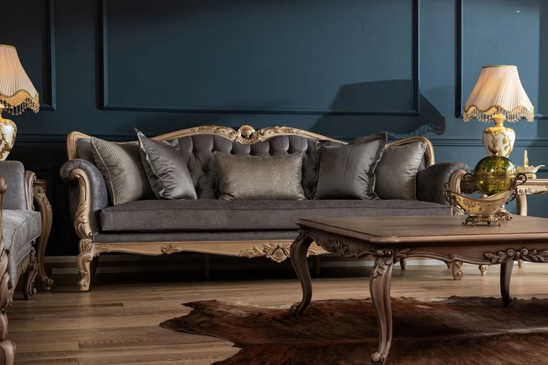 Casa Padrino Luxus Barock Sofa Grau / Naturfarben - Handgefertigtes Wohnzimmer Sofa im Barockstil - Barock Wohnzimmer Möbel