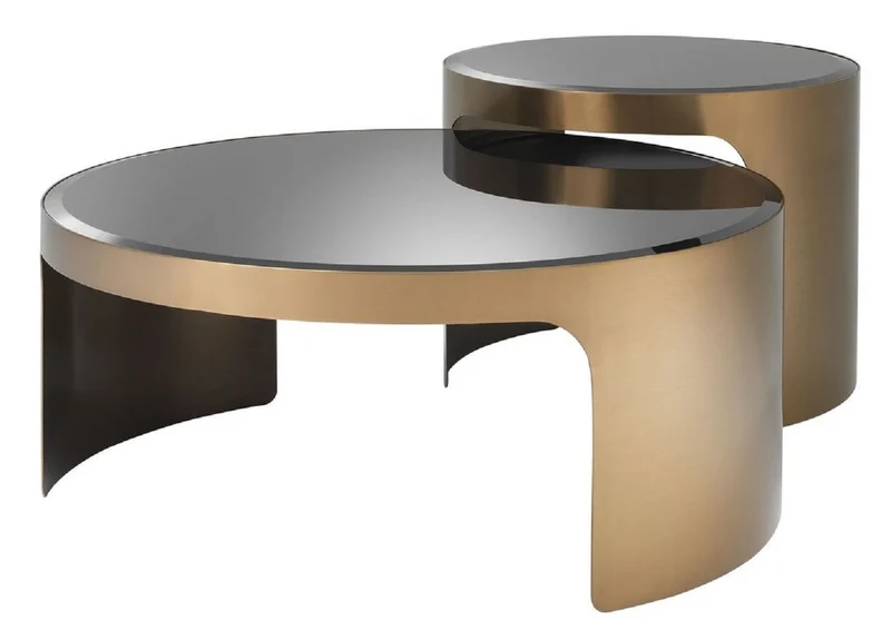 Casa Padrino Designer Couchtisch Set Kupfer / Schwarz - Luxus Edelstahl Wohnzimmertische mit Glasplatten - Luxus Wohnzimmer Möbel