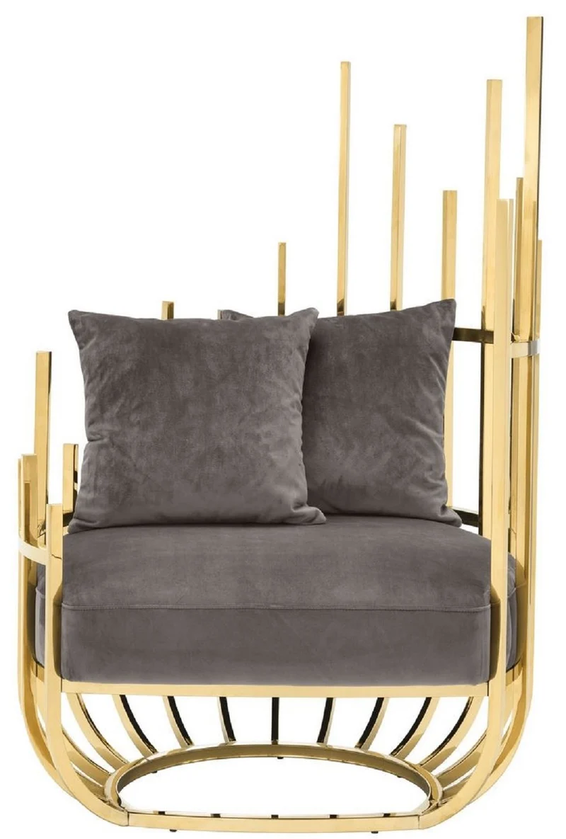 Casa Padrino Designer Sessel rechtsseitig mit 2 Kissen Grau / Gold 91,5 x 75 x H. 136,5 cm - Designer Wohnzimmer Möbel - Luxus Qualität