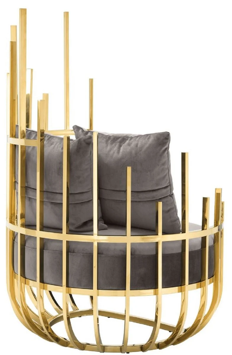Casa Padrino Designer Sessel rechtsseitig mit 2 Kissen Grau / Gold 91,5 x 75 x H. 136,5 cm - Designer Wohnzimmer Möbel - Luxus Qualität