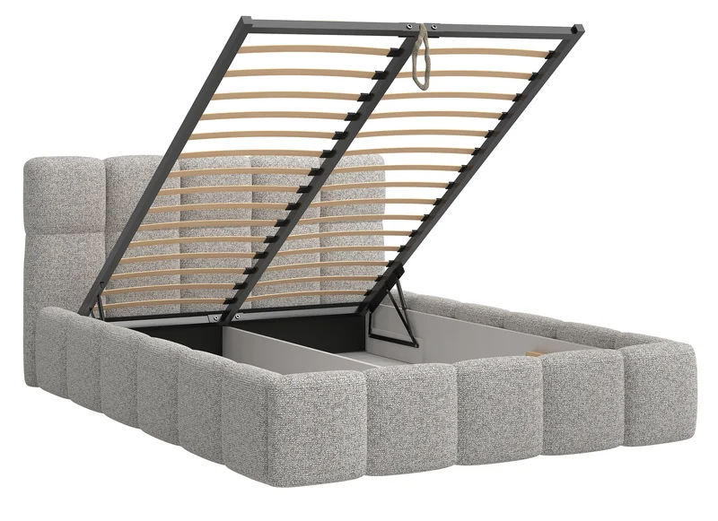 Polsterbett 180x200 cm Cloudy mit Stauraum, grau-beige Geflecht, Metallrahmen