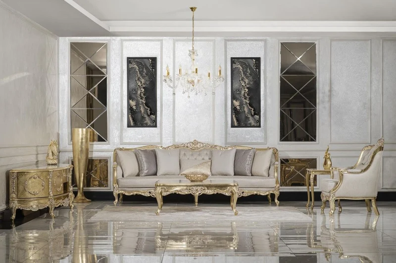 Casa Padrino Luxus Barock Wohnzimmer Sofa Grau / Gold 292 cm - Barock Möbel