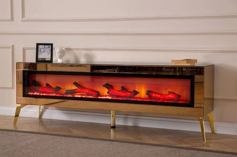 Casa Padrino Luxus TV Schrank mit LED Elektrokamin und Fernbedienung Gold 180 cm