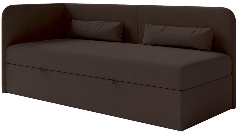 Jugendbett 90x200 cm Calmmo linksseitig mit Stauraum, dunkelbrauner hydrophober Chenillebezug