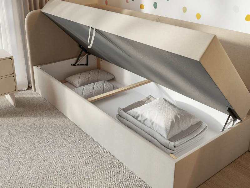 Jugendbett 90x200 cm Calmmo, linksseitig, mit Stauraum, hellbeige Chenille, wasserabweisend