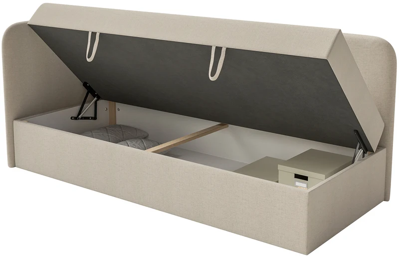 Jugendbett 90x200 cm Calmmo, linksseitig, mit Stauraum, hellbeige Chenille, wasserabweisend