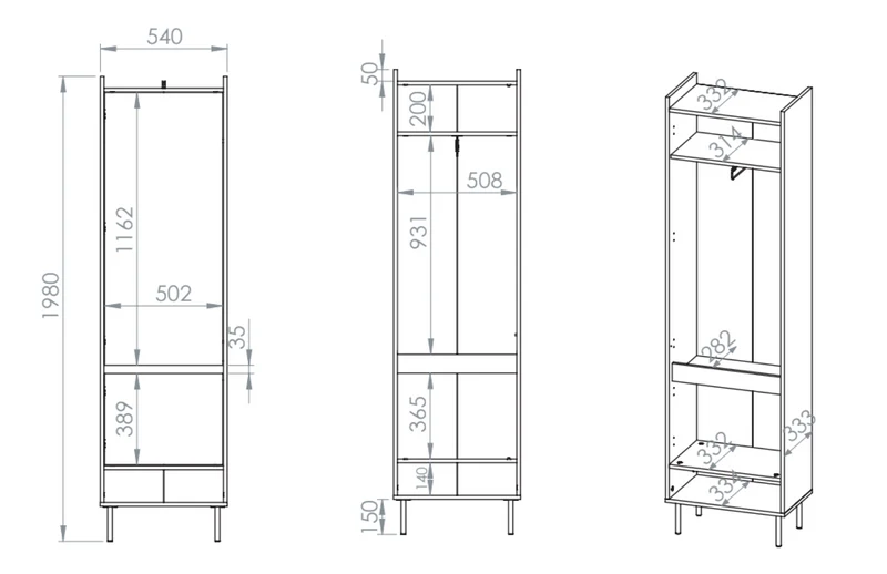 Zweiflügeliger Kleiderschrank Dioce 54 cm mit Kleiderstange und Regal Kaschmir