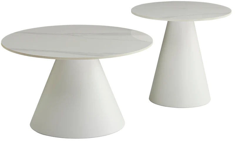 Blonco runde Couchtisch-Sets 50 und 70 cm weiß mit Steinplatte und Metallgestell